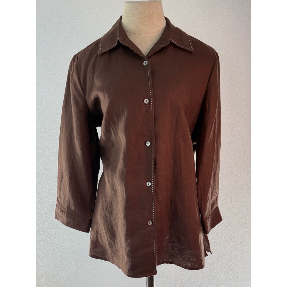VTG 90s Edward 100% Linen Chocolate Brown Button Front Top Medium Boho Cottage